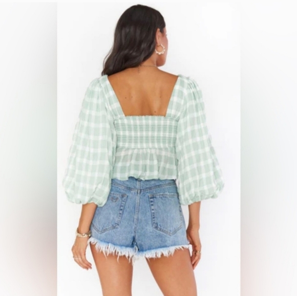 New Show Me Your MuMu Sage Green Gingham Ruffle Crop Smocked Top Small - Picture 3 of 8